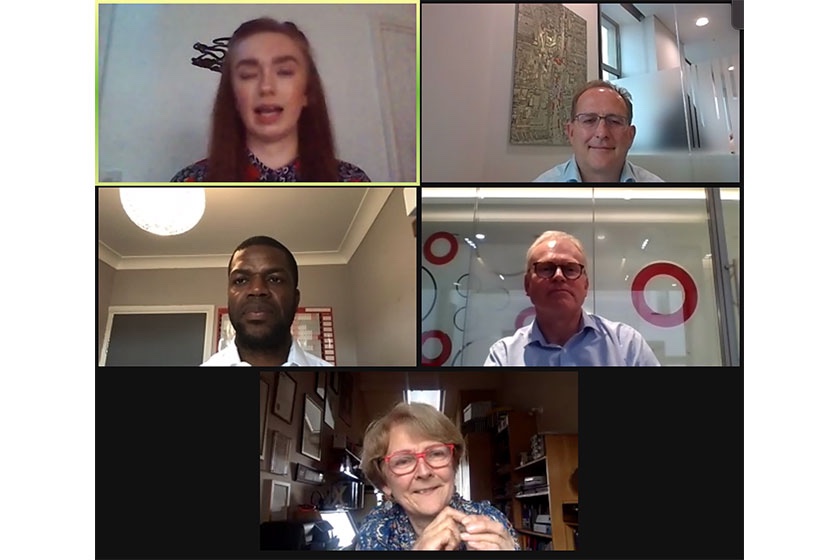 Five people on a Zoom call